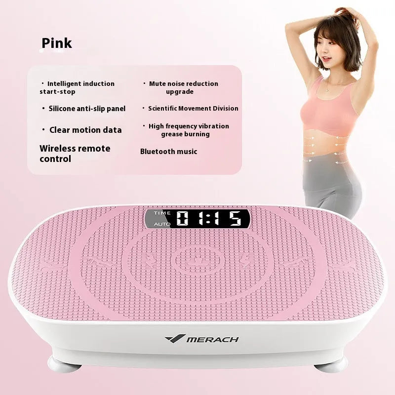 Grey and pink smart vibration power plate with Bluetooth, dimensions 58cm by 38cm.