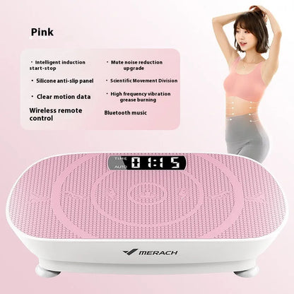 Grey and pink smart vibration power plate with Bluetooth, dimensions 58cm by 38cm.