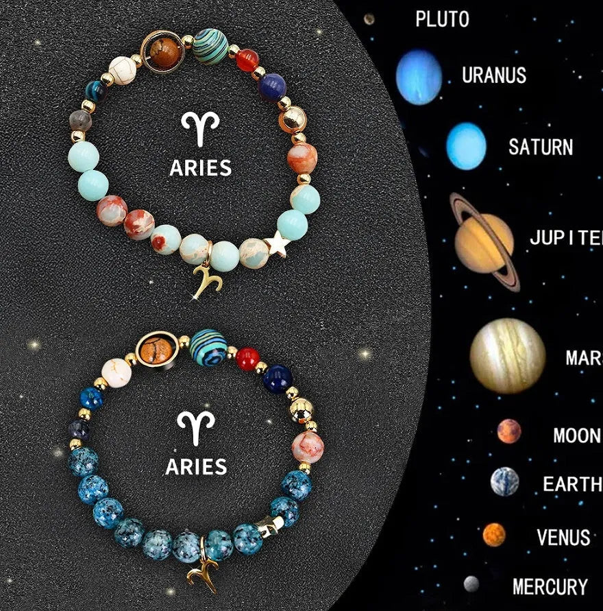 Set of two natural stone beaded bracelets showing zodiac sign designs on an elastic cord.