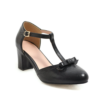 Women's chunky heel sandals with bow detail and adjustable buckle strap in solid colour