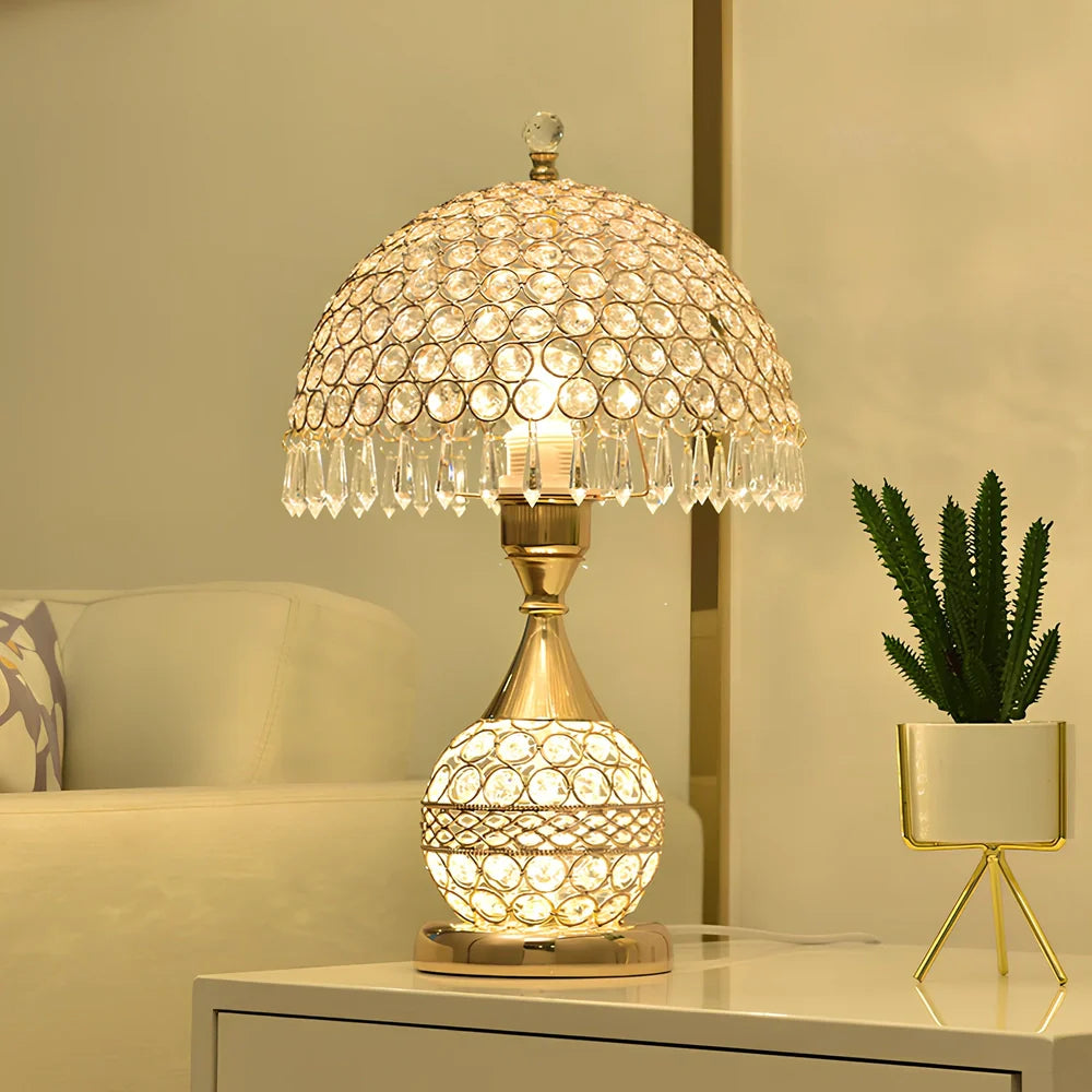 Gold crystal desk lamp 30cm tall with remote switch on bedside table, diffusing even light via manual-cut pendants