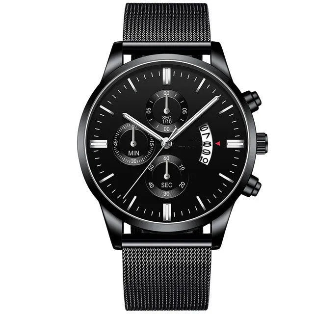 Men's stainless steel mesh band quartz watch showing two-tone colour options on a 4.2cm case.