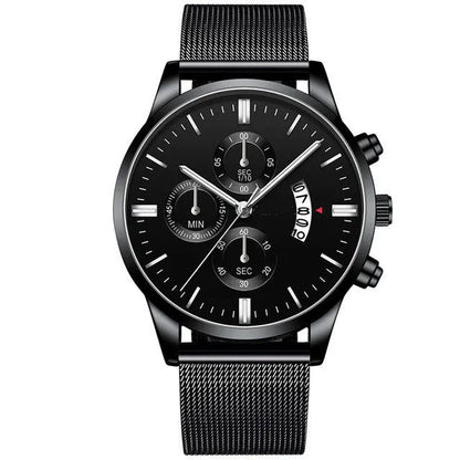 Men's stainless steel mesh band quartz watch showing two-tone colour options on a 4.2cm case.