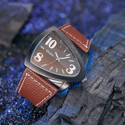 Men's casual triangle belt dial quartz watch with stainless steel bracelet in brown colour.