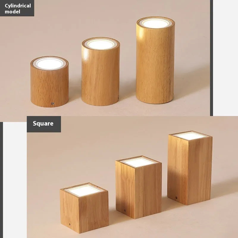 Solid wood surface mounted downlight in wood colour with round or square design options for corridor lighting