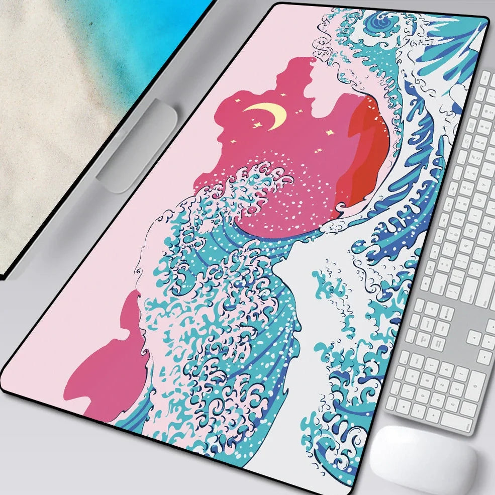 Natural rubber computer mouse pad with printed cloth surface and overlock stitching in multiple size options