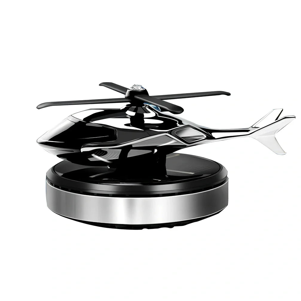 Solar helicopter car air freshener with rotating propeller on metal base, 180g weight