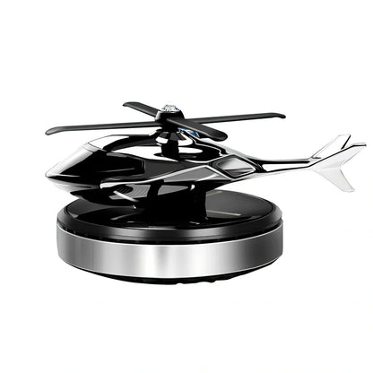 Solar helicopter car air freshener with rotating propeller on metal base, 180g weight