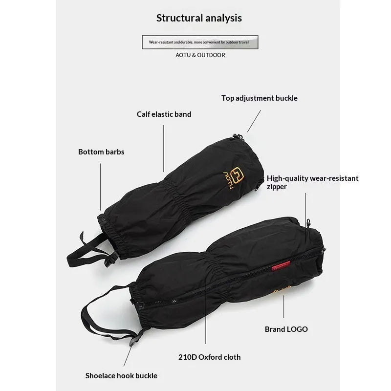 Black unisex gaiters in 210D Oxford fabric for skiing and hiking, one pair with or without LOGO