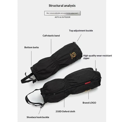 Black unisex gaiters in 210D Oxford fabric for skiing and hiking, one pair with or without LOGO