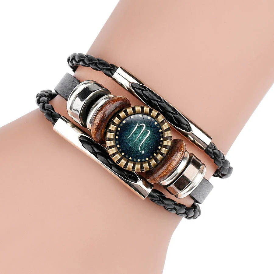 Stylish Zodiac Leather Bracelet with Captivating Glass Picture Display