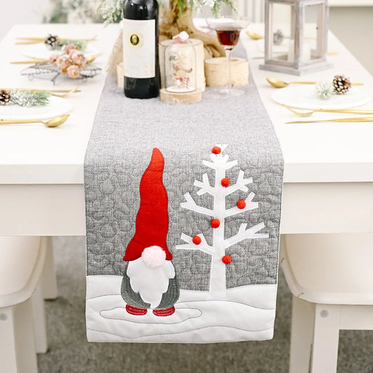 Gray Christmas gnome plush doll table runner for festive holiday decor