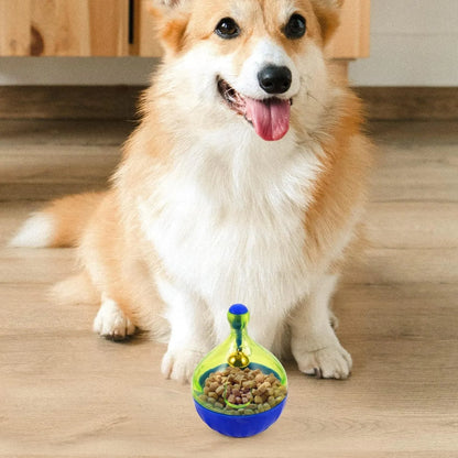 Tumbler-shaped pet treat dispenser measuring 14cm with food-leaking openings for slow feeding