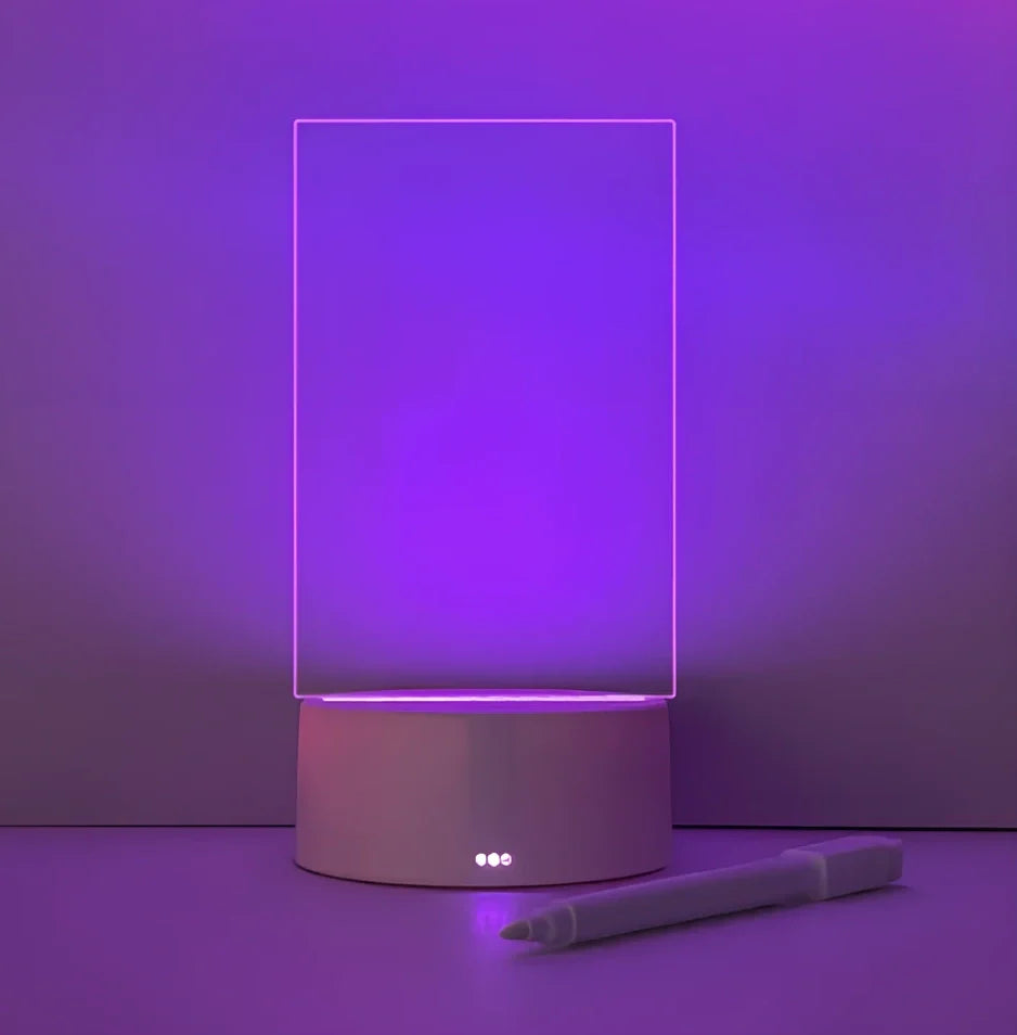 Transparent luminous acrylic desktop tablet with USB warm yellow light, 193mm x 100mm size, includes pen for writing