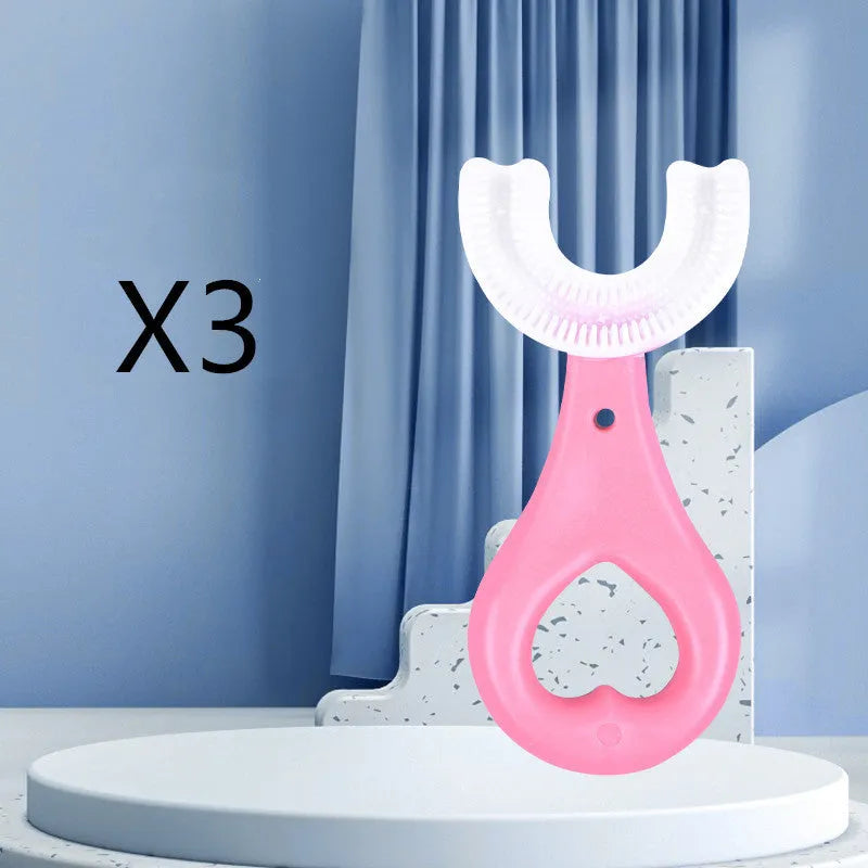Children's U-shaped soft rubber toothbrush in pink and blue colours.