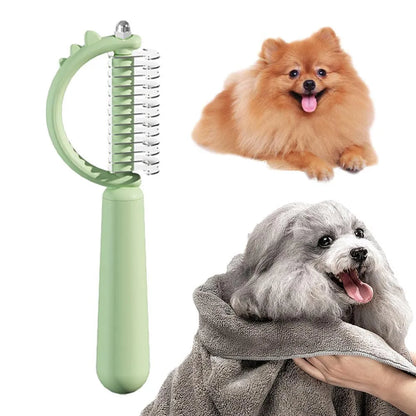 Blue dinosaur-shaped self-cleaning slicker brush for pet grooming on white background