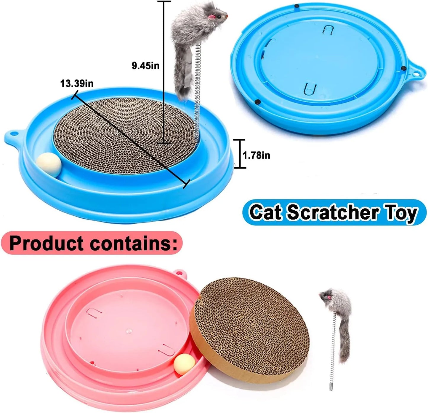 Blue cat scratcher toy with ball track and replaceable 9.7-inch scratch pad measuring 40x40cm