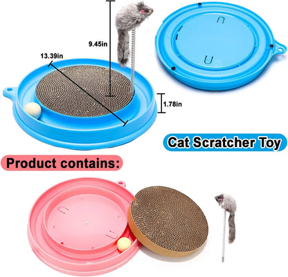 Blue cat scratcher toy with ball track and replaceable 9.7-inch scratch pad measuring 40x40cm