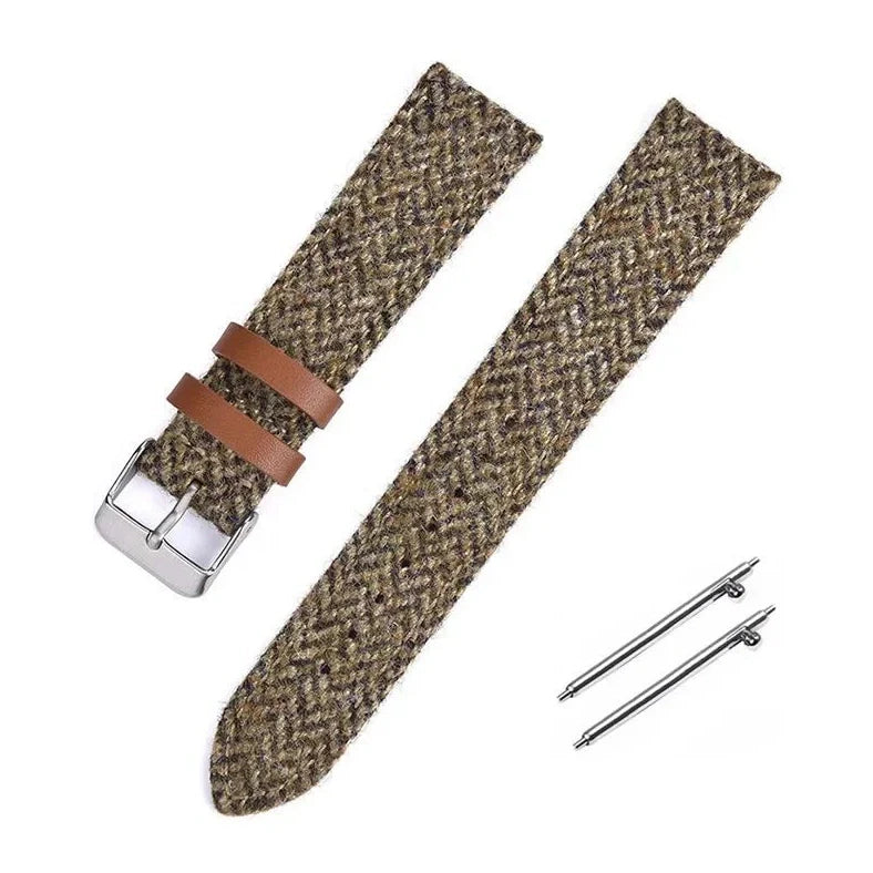 Harris woolen fabric watch strap with stainless steel buckle in blue, brown, khaki or green