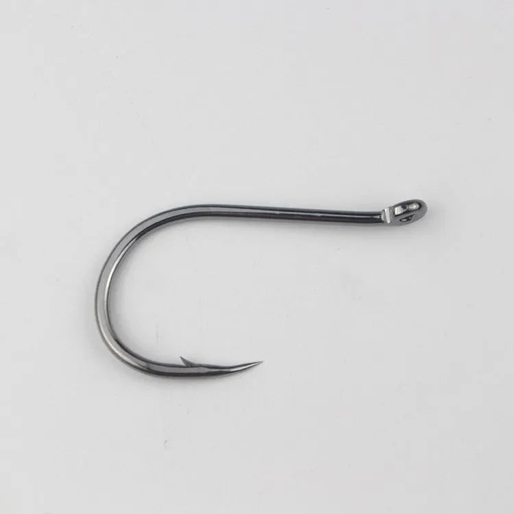 Bulk pack of alloy carbon steel sea fishing hooks with barbed crooked mouth design in various sizes.