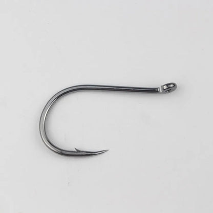 Bulk pack of alloy carbon steel sea fishing hooks with barbed crooked mouth design in various sizes.