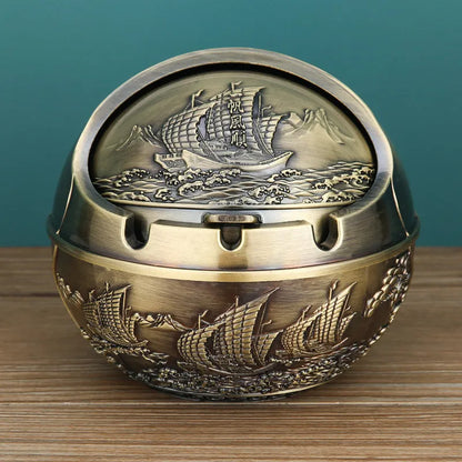 Alloy ashtray with smoke extinguishing slot in bronze finish, featuring Dragon and Phoenix motif, S size