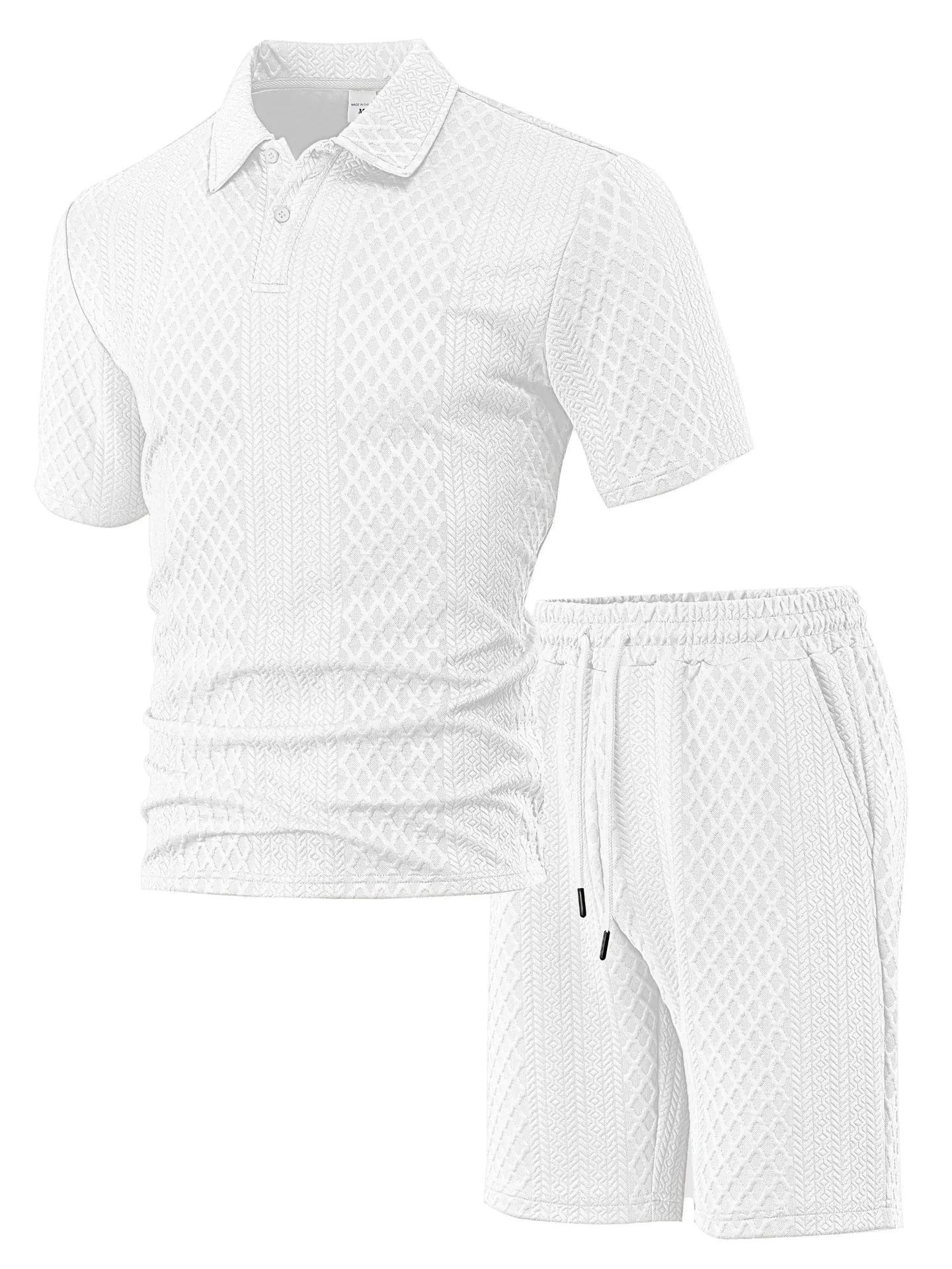 Men's patterned cloth casual suit set with short sleeve polo top and trousers on a hanger.
