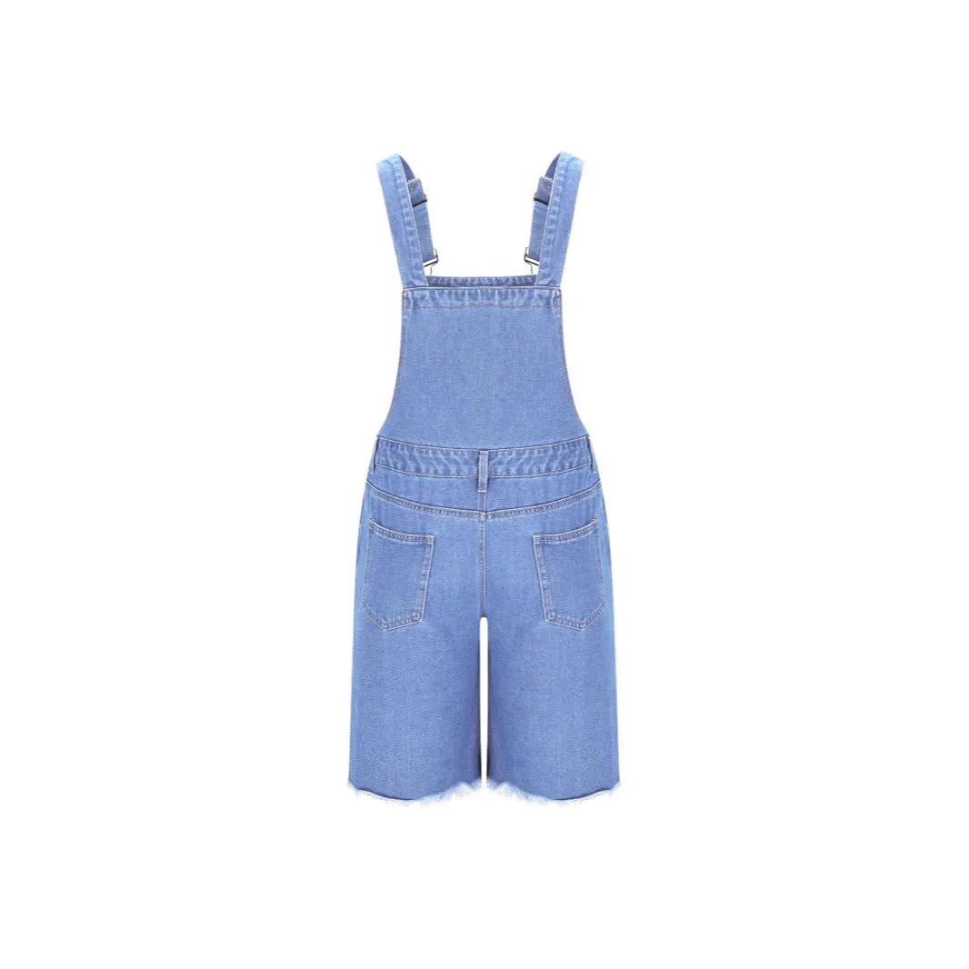 Men's dark blue denim suspender shorts with a straight leg and mid-waist fit on a hanger.