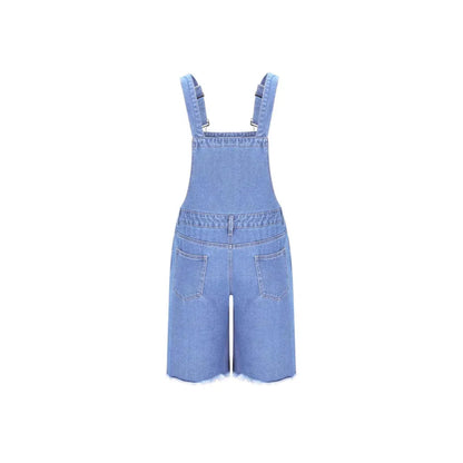 Men's dark blue denim suspender shorts with a straight leg and mid-waist fit on a hanger.