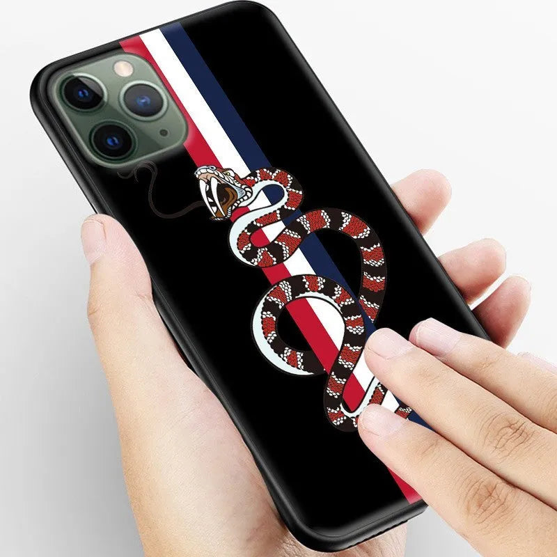 Black frosted silicone iPhone case with a UV-printed cartoon snake design on the back.