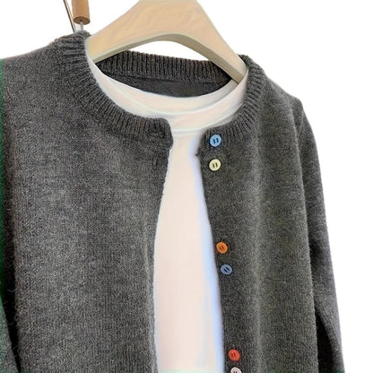 Women's dark grey polyester cardigan with button front and long sleeves
