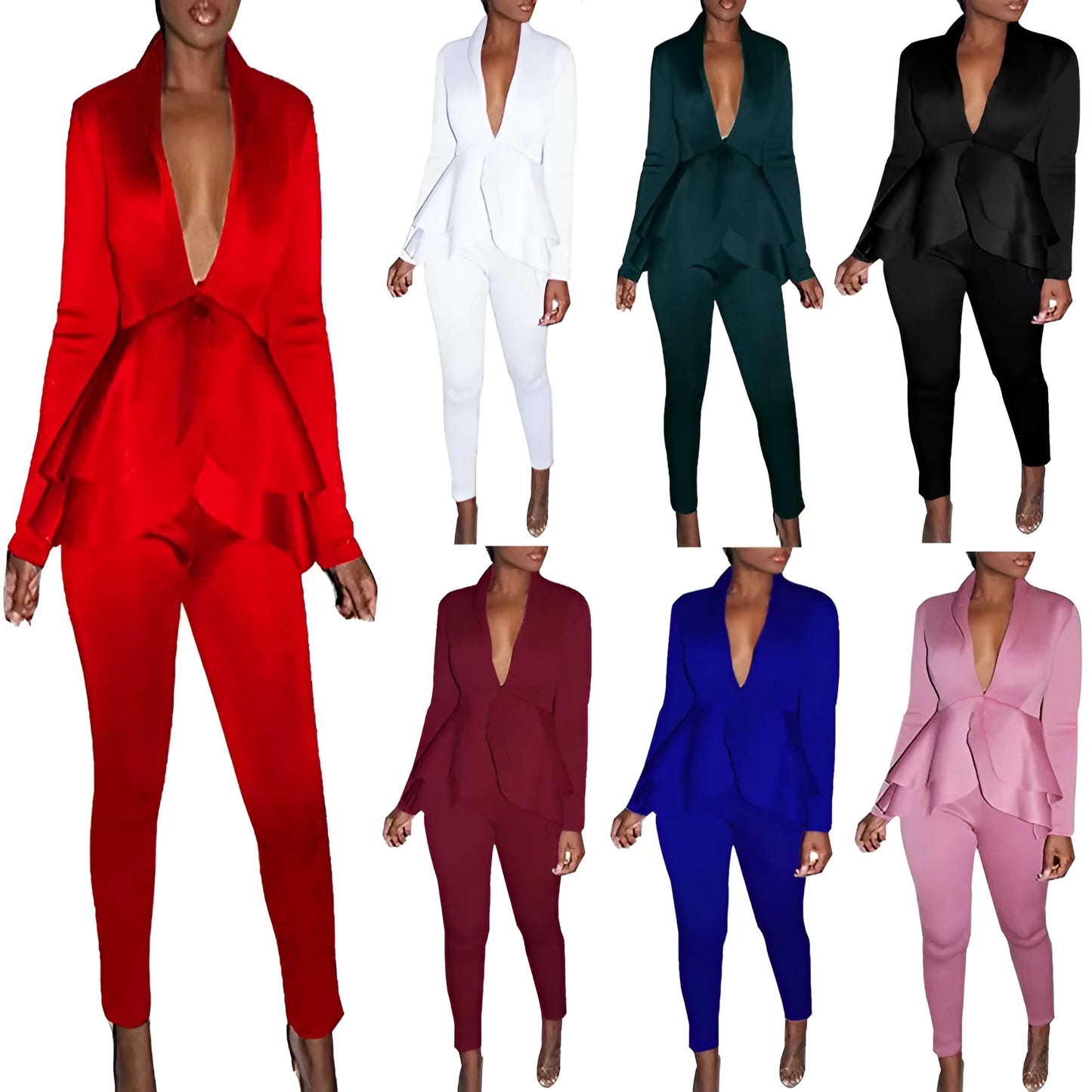 Ruffled shirt and pencil pants business casual wear set in polyester fabric