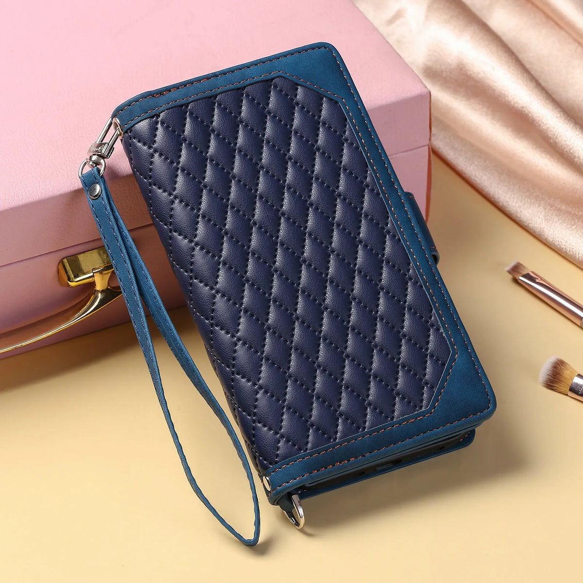 Crossbody plaid zipper phone case for Samsung in black, pink, white, or wine red, made from TPU and PU.