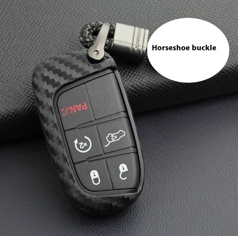 Carbon fibre texture silicone key case for Dodge Chrysler Fiat vehicles showing 2mm thickness