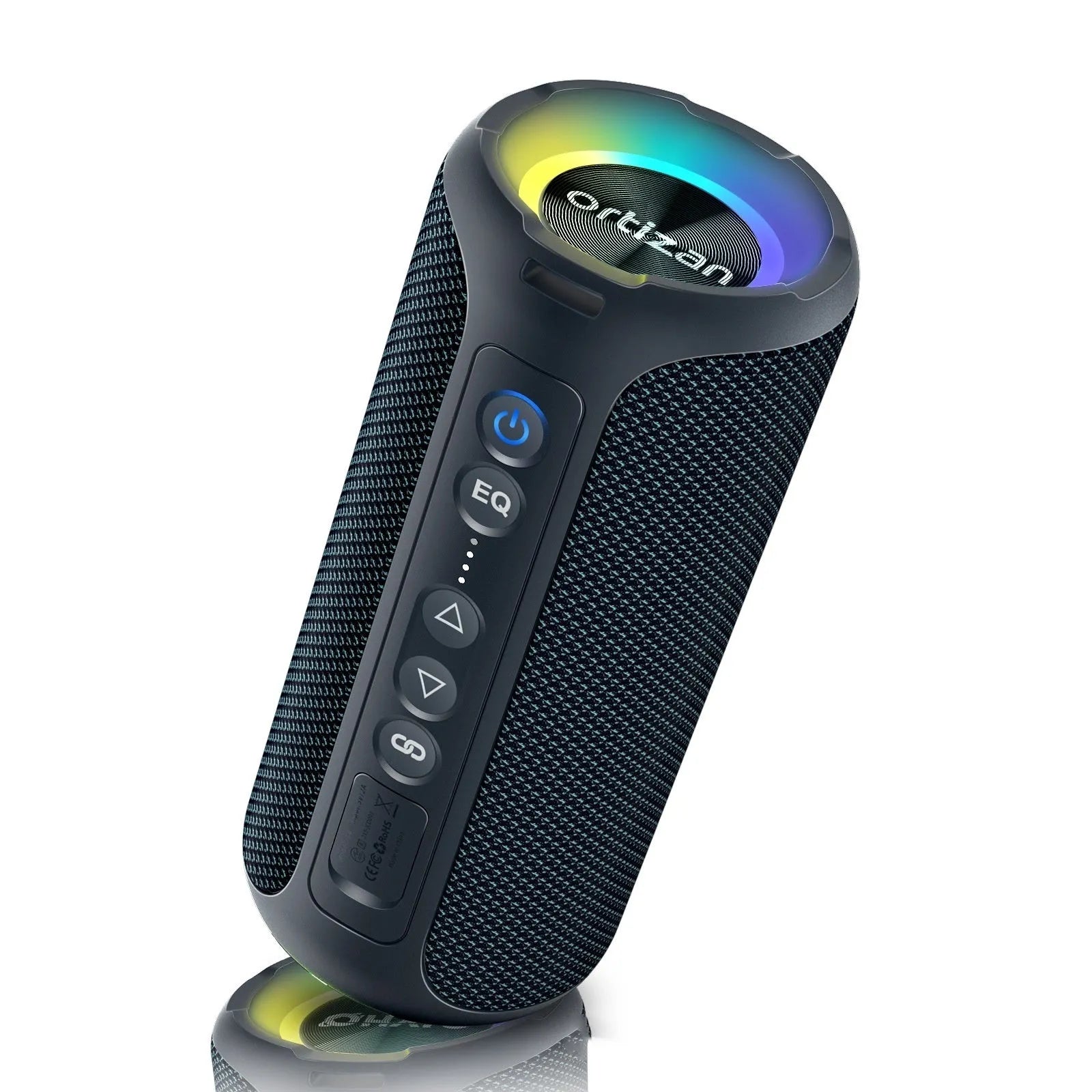 Black and blue fabric Bluetooth speaker with lighting effects, measuring 20cm width with waterproof construction
