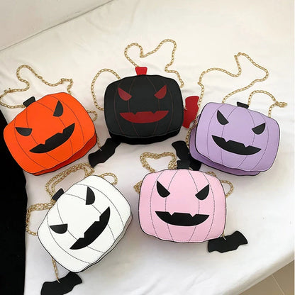 Halloween Cartoon Pumpkin Shoulder Bag in various colors with adjustable chain strap