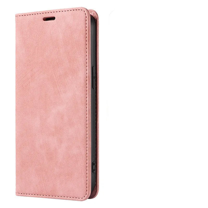 Magnetic flip phone case in grey with leather finish, showing card storage compartment and slim 2mm profile for iPhone.