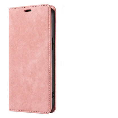 Magnetic flip phone case in grey with leather finish, showing card storage compartment and slim 2mm profile for iPhone.