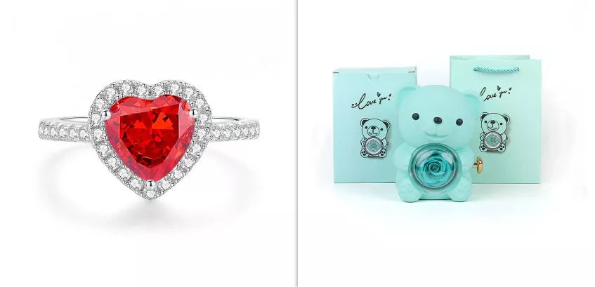 Eternal Rose Teddy Bear Jewelry Box with rotating drawer and preserved rose