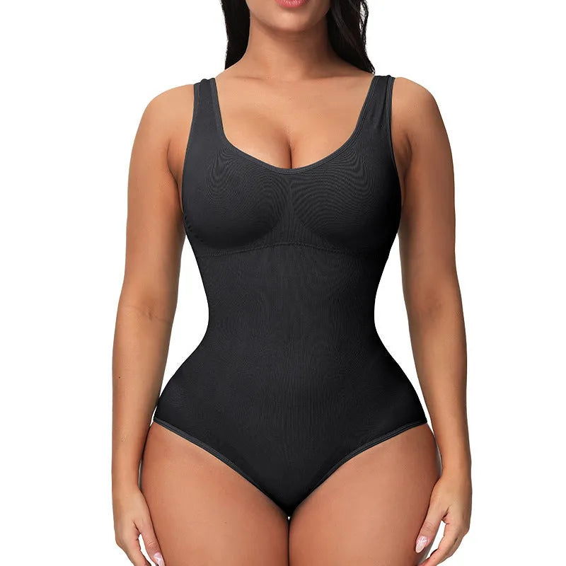 Women's seamless one-piece nylon bodysuit for waist support and body sculpting, shown in apricot colour.