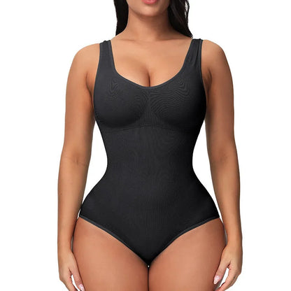 Women's seamless one-piece nylon bodysuit for waist support and body sculpting, shown in apricot colour.