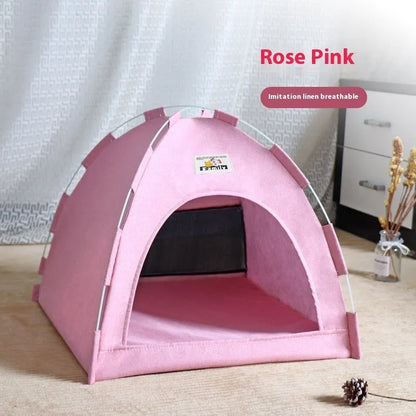 Grey linen-like fabric pet tent for cats and small to medium-sized dogs on a wooden floor.