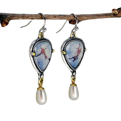 Retro blue geometric drop earrings with synthetic opal and pearl detail on a metal base.