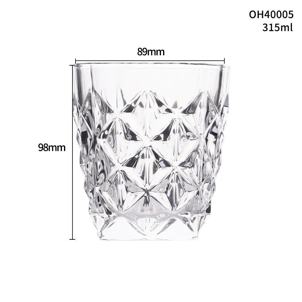 Whiskey shot glass with thick bottom, crystal clear, 350ml capacity, on wooden table