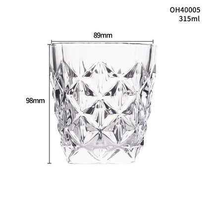 Whiskey shot glass with thick bottom, crystal clear, 350ml capacity, on wooden table