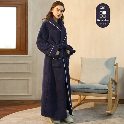 Winter flannel bathrobe with thick 301-350g/m² fabric in 2102 navy blue colour, European/American style
