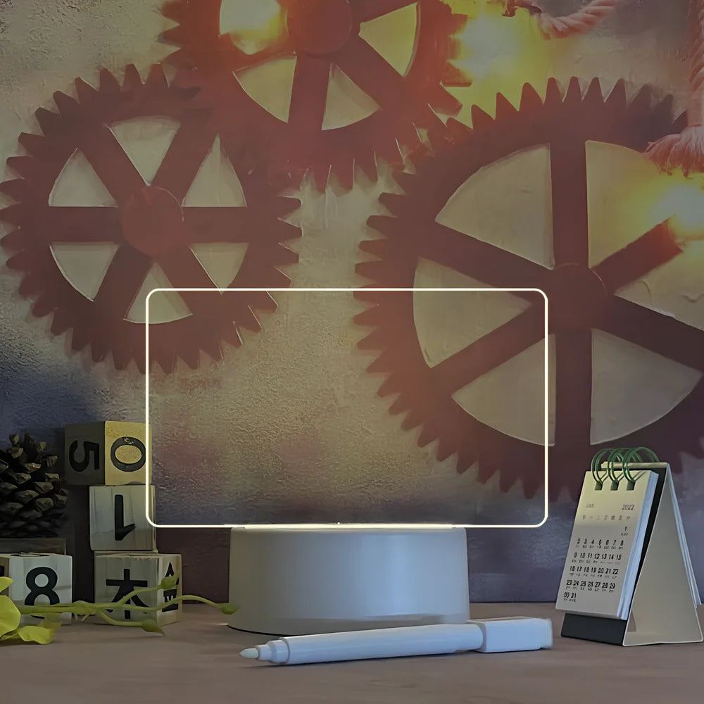 Transparent luminous acrylic desktop tablet with USB warm yellow light, 193mm x 100mm size, includes pen for writing