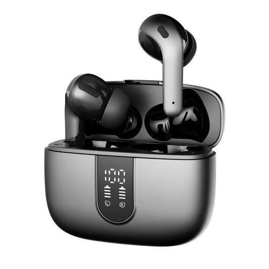 Jerry X08 black wireless earbuds in an open charging case showing digital battery percentage display.