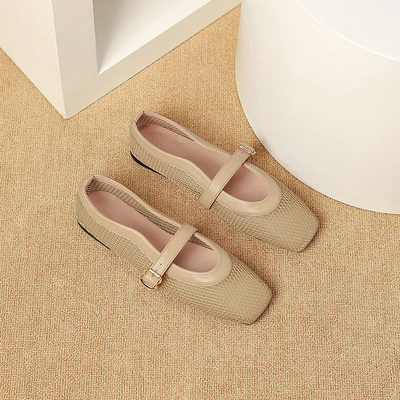 Women's beige mesh summer pump with square toe, flat heel, and buckle closure on a white background.