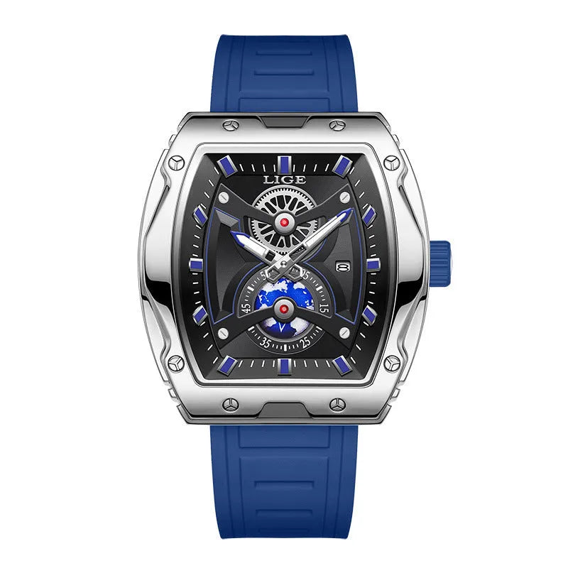 Men's tonneau watch with stainless steel case, silicone strap, and silver blue dial, 15mm thick.